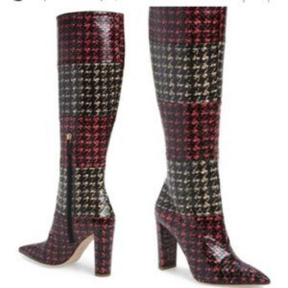 Malone Souliers Red and Black Houndstooth Knee-High Heeled Boots